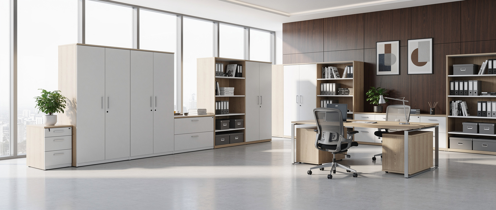 Office storage with cabinets and bookshelves